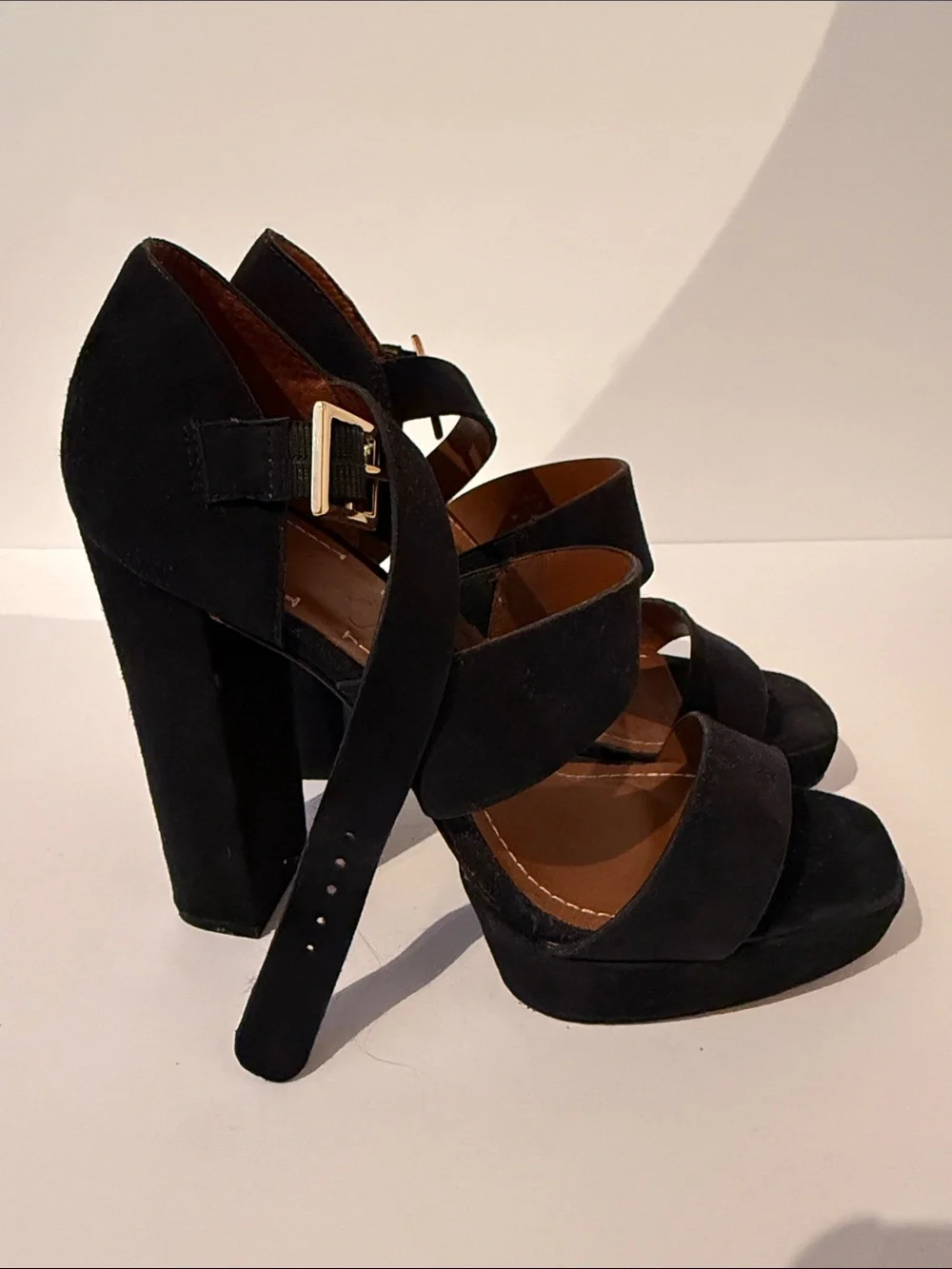Elizabeth and James Black Suede Platform Block Heel Sandals